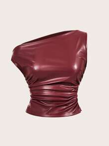 Siren Gaze Women's Burgundy Red Leather Top Casual Fashion 90s Street Shooting Spring Autumn Solid Color Pleated Collar PU Tank Top, Wine Red Sleeveless Tops Going Out Top, Fall Top Suitable For Going Out And Parties Christmas Top Elegant Summer New Year Valentine's Day - Red - View 2