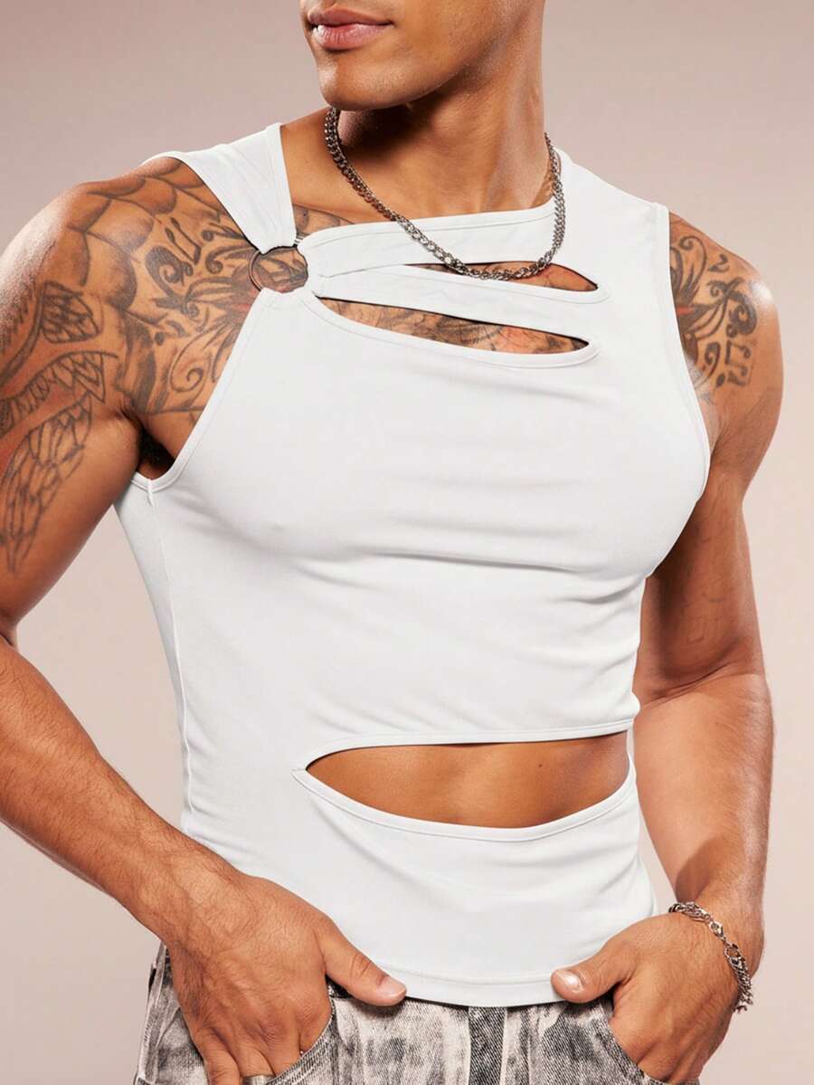 FeverCity Áo tank top nam không tay cổ tròn khoét lỗ, chất liệu dệt kim, kiểu dáng thường ngày, thích hợp cho mùa xuân/hè. - trắng - Xem 1