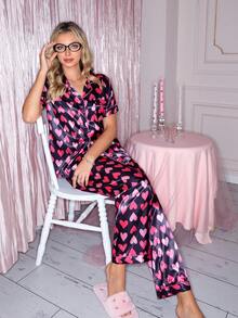 SweetSlumber Heart Pattern Faux Silk Lapel Short Sleeve Pajama Set For Women - Black - View 5