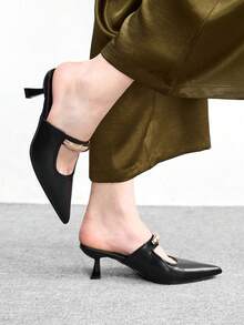 CUCCOO BIZCHIC New Women's Black Pointed Toe Metal Buckle Strap Slip-On Mules, Commuting Business Office Outfit Mid-Heel Slides - Black - View 5