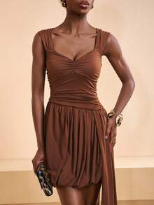 Zivah 2026 Spring New Sleeveless Draped Fabric Ruched Symmetric Collar Design Ruffle Hem Tie Waist Mini Dress, Coffee Brown - Brown - View 5