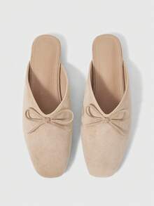 Sleekvia 女鞋 小方头平底杏色绒面革蝴蝶结女式穆勒鞋 女式平底鞋 通勤休闲半拖低帮穆勒鞋 女鞋 - 杏色 - 查看 2