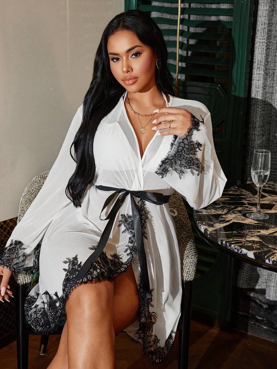Sexy Sheer Mesh Patchwork Elegant Contrast Lace Tie Loose Plus Size Robe Lace Robe Plus Size Sexy Sleepwear - White - View 1