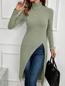 EMERY ROSE Áo thun nữ tay dài cổ đứng xẻ tà màu trơn, chất liệu gân, kiểu dáng thanh lịch. - màu xanh lá - Xem 1