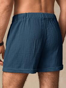 HIMLAND Men's Navy Blue Linen Drawstring Shorts, Summer Tropical Beach Vacation Plain Woven Fabric Casual Shorts With Knot Detail For Sports, Father's Day Gifts, Football - Blue - View 3