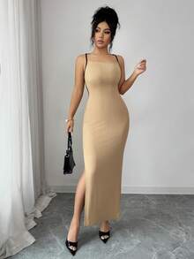 Rafferiza Vestido elegante y minimalista de mujer con cordón de ajuste, espalda descubierta y abertura lateral acanalada - Caqui - Ver 3