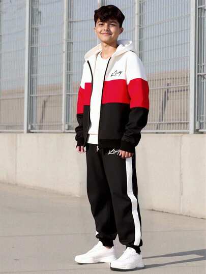 Vacaura Conjunto deportivo de adolescente con chaqueta con capucha con cremallera con estampado digital de letras y pantalón de chándal con cordón de color contrastante, de moda para primavera, otoño e invierno