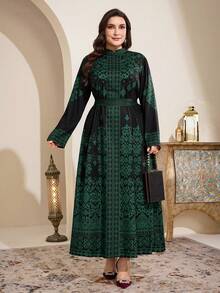 Al Najma 大码女式全印花立领系带长袖阿拉伯连衣裙 - 彩色 - 查看 4