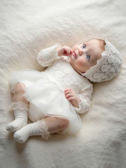 SHEIN 女婴洗礼服，圣诞蕾丝公主裙，配同款蕾丝帽，女婴摄影服装