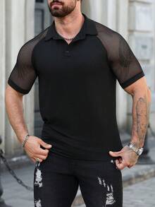 Manfinity AFTRDRK 男士夏季镂空拼接插肩短袖黑色Polo衫 男士短袖衬衫 渔网衬衫 男士透视上衣 男士网眼衬衫 男士黑色性感Polo衫 - 黑色 - 查看 8