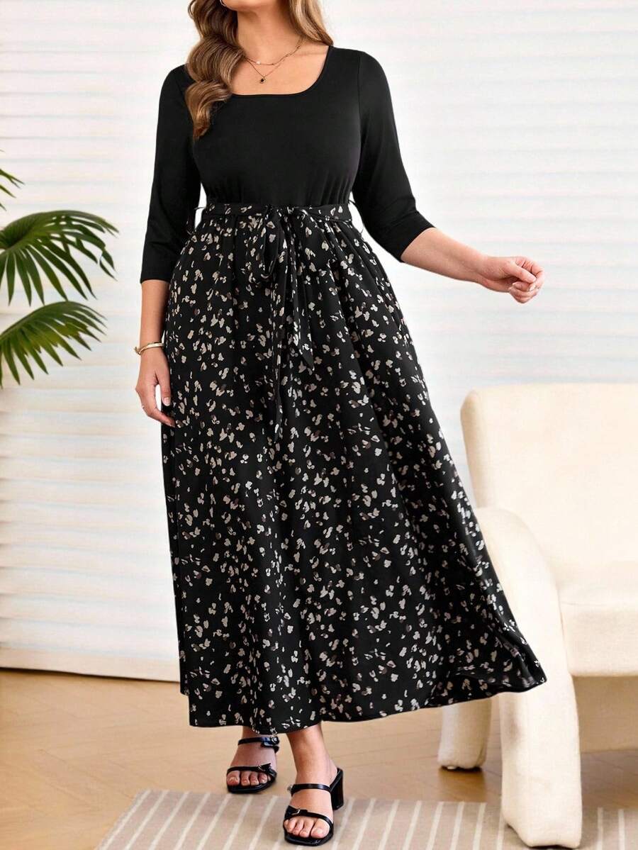 EMERY ROSE Đầm nữ cỡ lớn phối màu, cổ tròn, thanh lịch, thắt eo, thích hợp mặc hàng ngày.