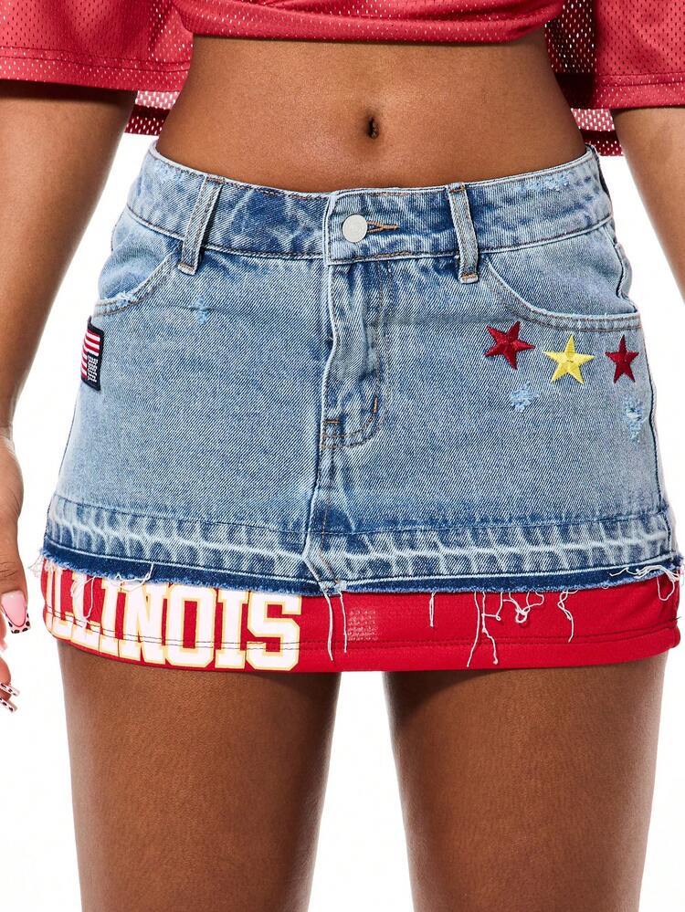 SUMWON WOMEN Deconstructed Denim Mini Skirt With Basketball Patches
