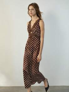 Maija Brown Polka Dot V-Neck Midi Dress With Lace Trim For Women - Brown - View 3