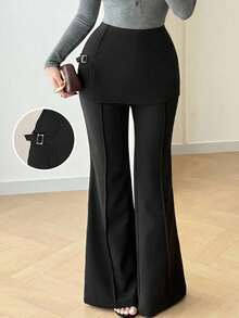 Modelyn Pantalon évasé 2 en 1 élégant pour le travail et les déplacements, de couleur unie simple et polyvalent avec boutons pour femmes - Noir - Voir 2