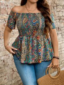 SHEIN PETITE CURVE 大码女式休闲褶皱露肩短袖腰果印花衬衫 - 彩色 - 查看 1