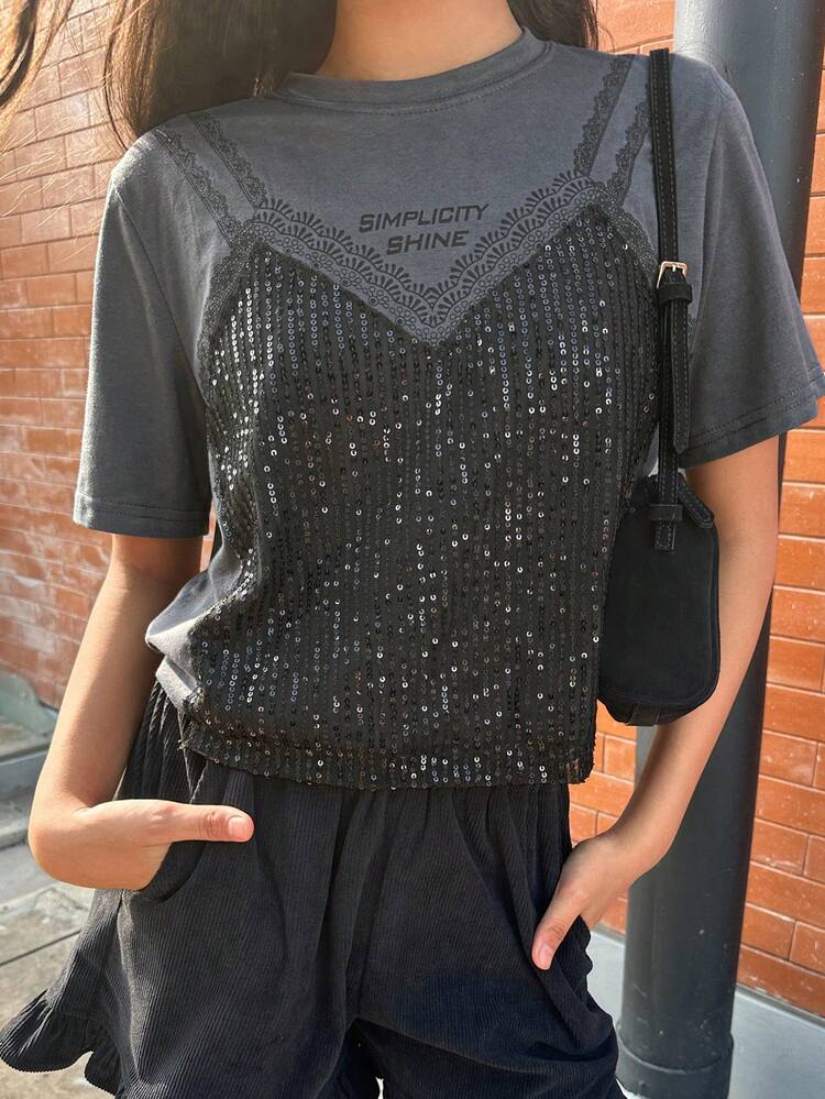 Teen Girls' Fashionable Sequin Patchwork Round Neck Short Sleeve T-Shirt, Summer