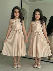 SHEIN Tween Girl Elegant Asymmetric Shoulder Ruched Ruffle Hem Ruched Loose A-Line Woven Solid Color Dress, Apricot, Spring/Summer - Apricot - View 3