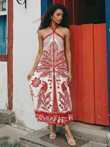 CAJUNI Women's Casual Palm Tree Print Halter Neck Vacation Dress - Red and White - View 3