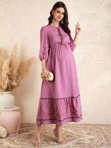 Momance 孕妇花卉刺绣褶皱休闲日常派对外出灯笼袖连衣裙 - 藕粉色 - 查看 5