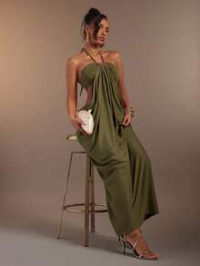 Hauture Olive Green Bandeau Cut Out Side Draped Gathered Side Halter Neck Maxi Dess - Army Green - View 3