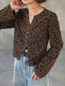 FRIFUL Women's Leopard Print V-Neck Single-Breasted Casual Everyday Long Sleeve T-Shirt - Brown - View 2