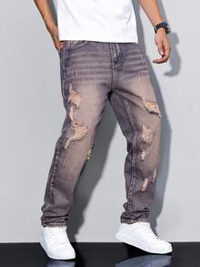 Manfinity Homme Men's Casual Loose Straight Leg Distressed Pockets Denim Jeans - Multicolor - View 6
