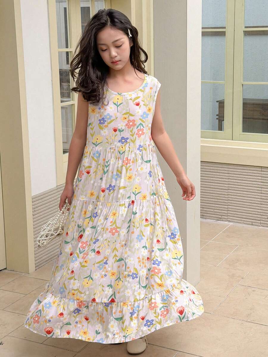 Dazy Kids Tween Girls Sleeveless Ditsy Floral Dress, Summer - Grey - View 1