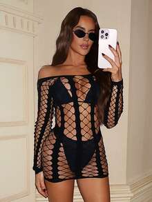 Swim SXY Women's Black Striped Long Sleeve Sheer Sexy Bodysuit, Fishnet Hollow Out Plaid Mini Dress, Women's Cover-Up - Black - View 6