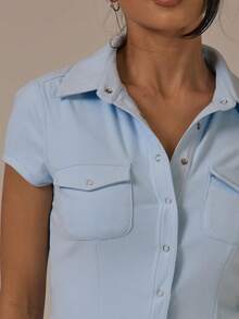 MUSERA 柔软的按扣穿过修身衬衫口袋，春夏可爱舒适的田园风春露 - 淺藍色 - 查看 2