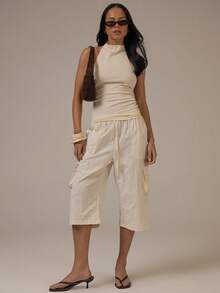 MUSERA 高领露背褶皱吊带上衣，春夏可爱舒适田园风，春日复活节春季假日穿搭 - 杏色 - 查看 5