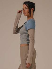 MUSERA Mehrschichtiges Kontrast Langarm-Kurzarm-Weste Top Figurbetontes Top Frühling Sommer Süß Gemütlich Cottage-Stil Frühlingstau - Verschiedenfarbig - Übersicht 2