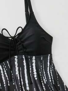 2026Swim Lushoire Women's 2-Piece Set:Black Watercolor Stripe & Tie-Dye Bow Front Dress + Shorts,Summer Casual Vacation Holiday Tummy Control Tankini - Black - View 6