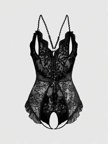 ROMWE Gothic Lace Floral Sexy Bodysuits - Black - View 2