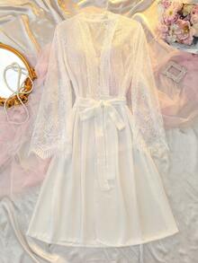 DelicateAllure White,Summer,Elegant,Wedding Guest Mesh Robe,Bridal Boudoir Lace Patchwork Sheer Nightgown Set,Charming Valentine's Day Plus Size Bride Sleepwear - White - View 6