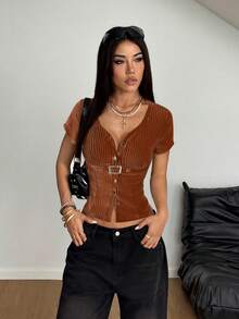 StreetHx 女士休闲条纹金属装饰纽扣短袖衬衫，春季 - 棕色 - 查看 4