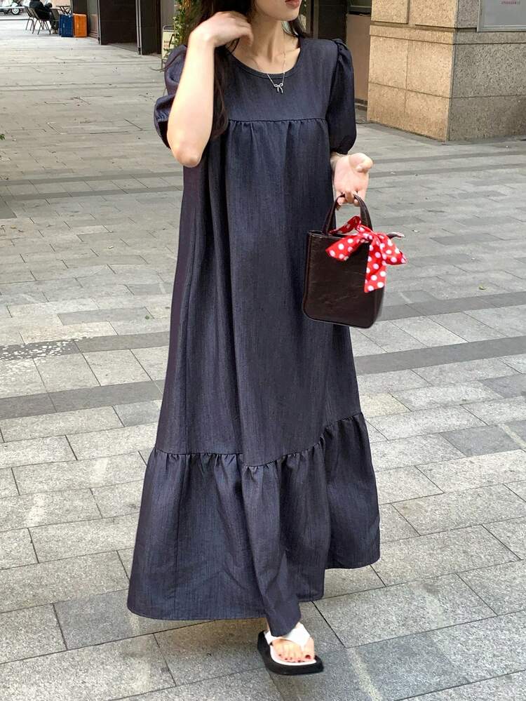 Women's Casual Loose Fit Long Dress With Round Neck, Short Puff Sleeves And Ruffle Hem