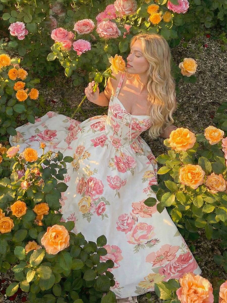 SHEIN MOD Women's Elegant Floral Print Dress,  Beach Dress,Vacation, Valentine's Day Dress,Floral Dress,Spring/Summer Outfits, Party , Holidays, Birthday,Festival,Wedding,Birthday Dress, Tea Party Dress Flower Dress Woman Cottagecore Dress Garden Party Dress - Multicolor - View 1