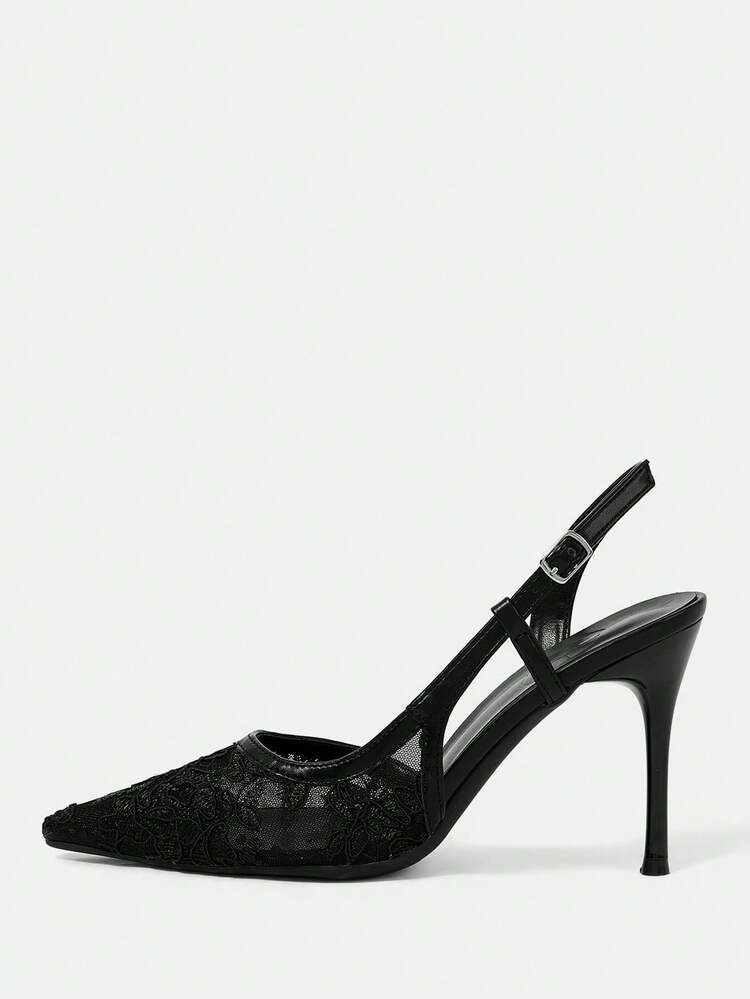 CUCCOO HITCHD Women Shoes Pointed Thin Heel Black Mesh Lace Simple Slingback Women's Slingback Shoes Wedding Party Banquet Simple Fashion Sexy Women's High Heel Shoes Women's Shoes