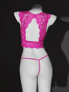 2件套女士蕾丝边镂空露背内衣套装 - 紫色 - 查看 2