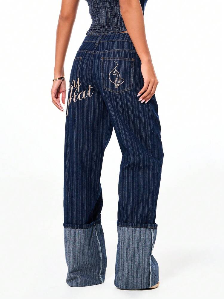 BABYPHAT Pantalones vaqueros de tiro alto de pierna ancha con lavado vintage, de algodón, con detalles bordados y puños vueltos a rayas, moda de otoño e invierno