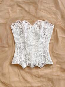 Soleia 性感蕾丝双层修身束身胸衣上衣，镂空刺绣，女士夜店风，性感上衣，INS 白色镂空刺绣塑身衣 - 白色 - 查看 5