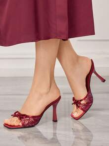 Sleekvia 女士白色蕾丝刺绣蝴蝶结尖头细高跟凉鞋，优雅浪漫婚礼新娘伴娘礼服派对晚宴鞋，圣诞节 - 酒紅色網 - 查看 3