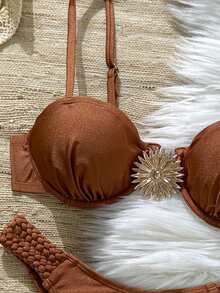 Swim Chiccia Bộ bikini 2 món dành cho nữ, màu trơn, kiểu dáng gợi cảm, gồm áo hai dây và quần tam giác buộc dây phía trước, thích hợp cho mùa hè. - màu nâu - Xem 3