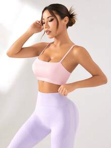 SHEIN Velisys 女士纯色纤细肩带简约运动胸罩，休闲日常穿着 - 粉色 - 查看 6