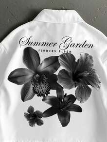 StoneGrade 墨水花卉手写字体休闲印花男士常规版型宽松短款长袖衬衫，约会聚会必备，时尚情侣礼物送给男友 - 白色 - 查看 3