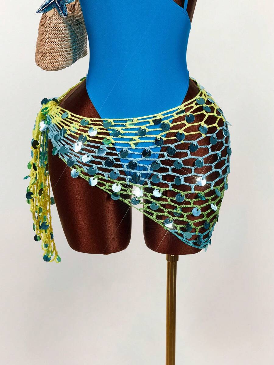 Amplova 女士渐变亮片刺绣薄纱罩衫，性感迷人，适合度假、音乐节，可爱春夏泳装 - 彩色 - 查看 1