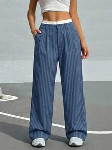 Muchica 秋冬季女士褶裥条纹阔腿西装裤，撞色腰带设计 - 霧霾藍 - 查看 6
