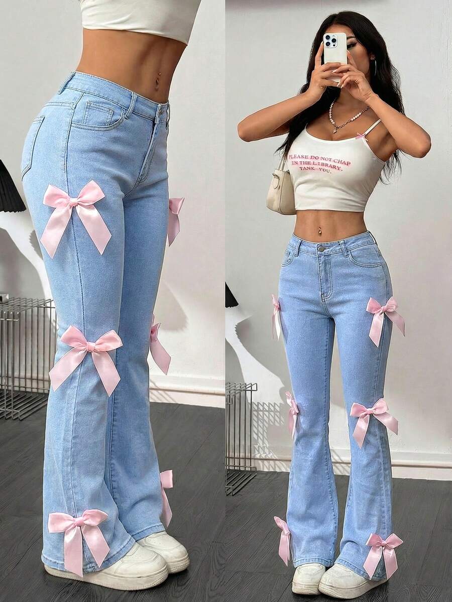 SHEIN PETITE Women's Casual Flare Jeans With Pockets & Bow Decor - Light Wash - View 1