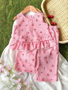 Vintaside Kids 2pcs/Set Baby Girl Casual Cute Bow Sleeveless Top And Pants Set - Red - View 5