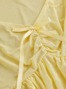 SHEIN MOD Plus Size Polka Dot Mesh Bow Tie Puff Sleeve Ruffle Hem Blouse - Light Yellow - View 3